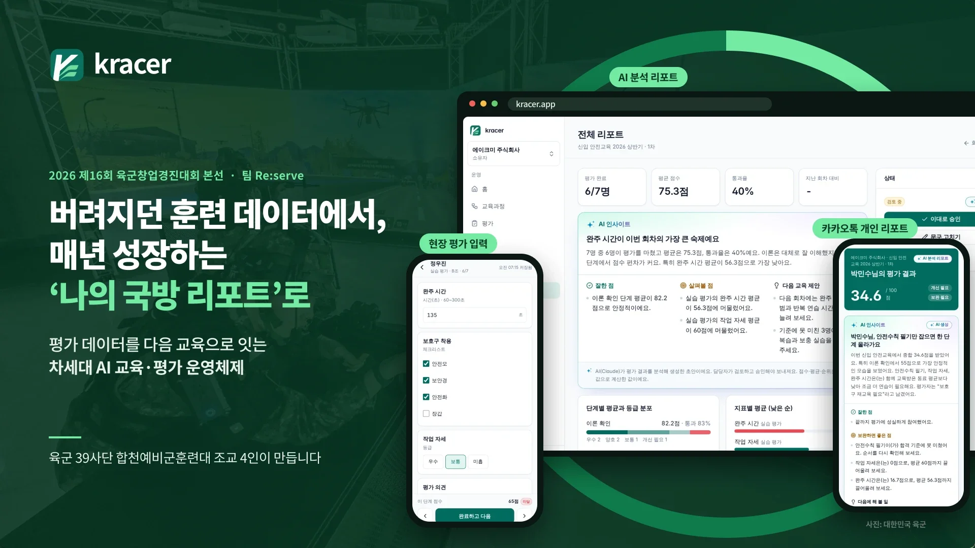 kracer — 차세대 AI 교육·평가 운영체제 (배경 사진: 대한민국 육군)